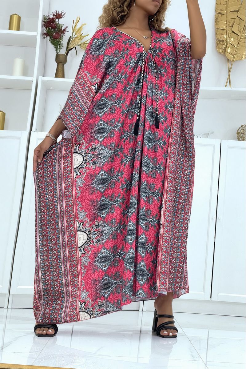 Lange fuchsia oversized tuniek met oosters patroon en vleermuismouwen - 3