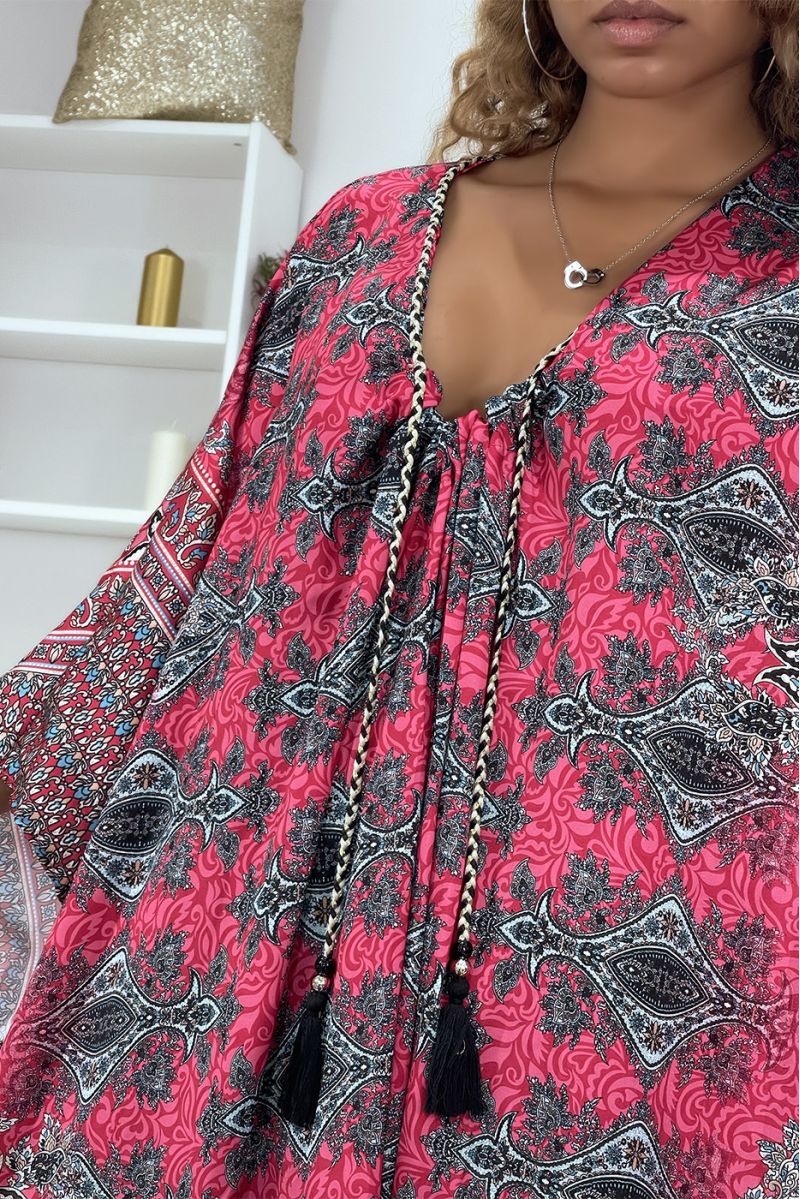 Lange fuchsia oversized tuniek met oosters patroon en vleermuismouwen - 4