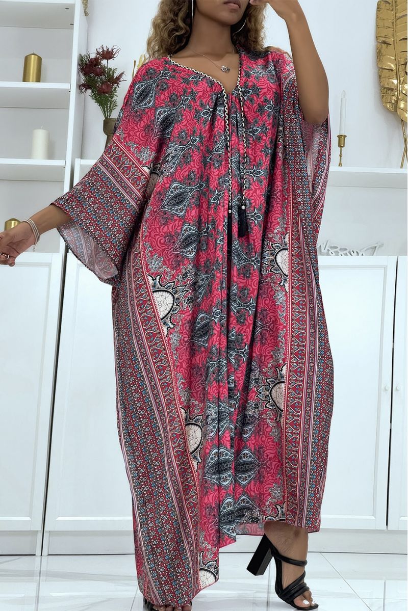 Lange fuchsia oversized tuniek met oosters patroon en vleermuismouwen - 6