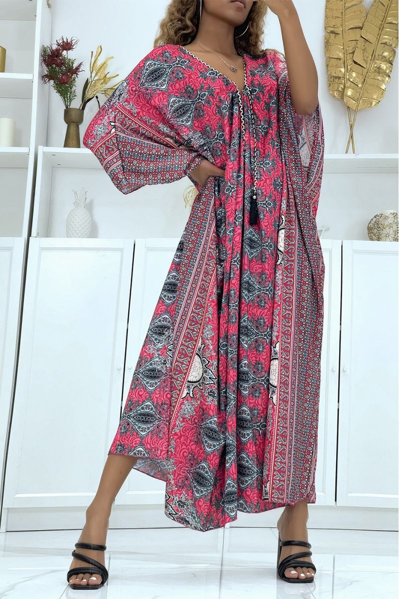 Lange fuchsia oversized tuniek met oosters patroon en vleermuismouwen - 7