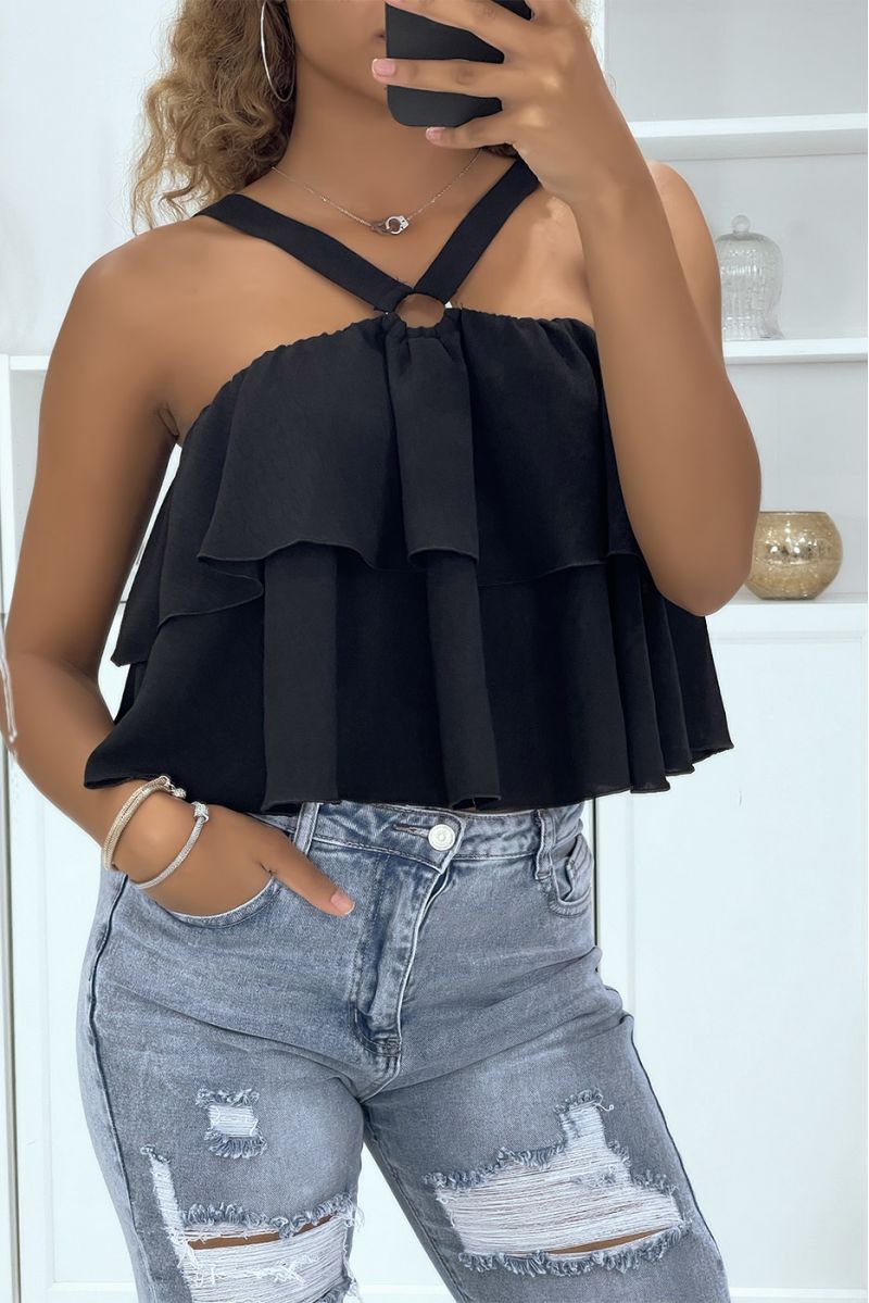 Black top with ruffles and crossed straps - 3