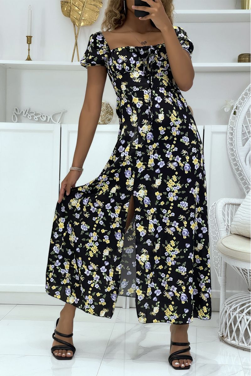 Robe noire satinée motif floral à col bardot et fente sur un côté - 3