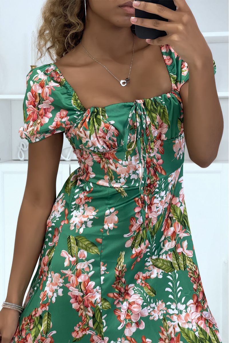 Green floral satin dress with bardot neck and side slit - 3
