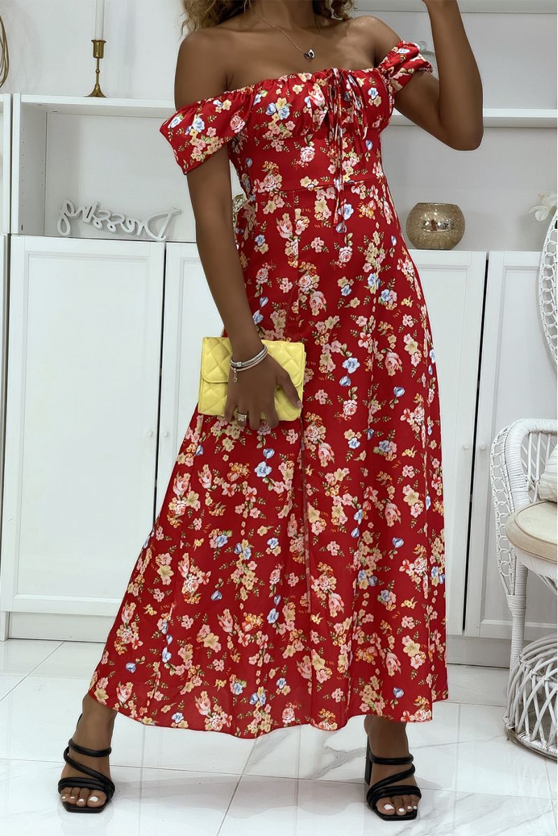 Red floral satin dress with bardot neck and side slit - 2