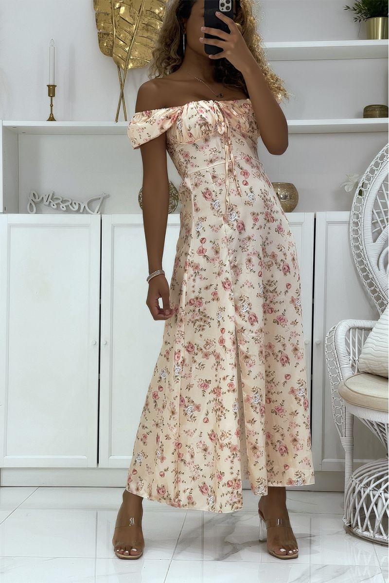 Robe beige satinée motif floral à col bardot et fente sur un côté - 2