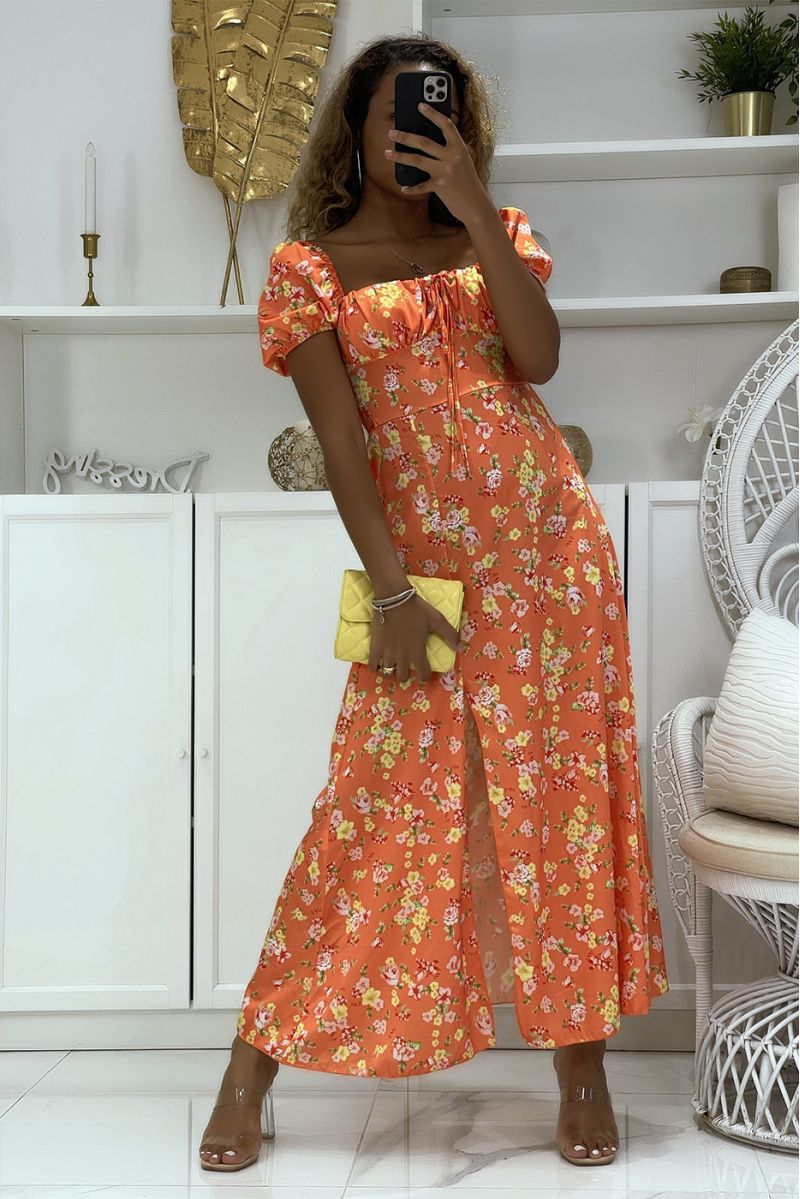 Orange and yellow floral satin dress with bardot neck and side slit - 1