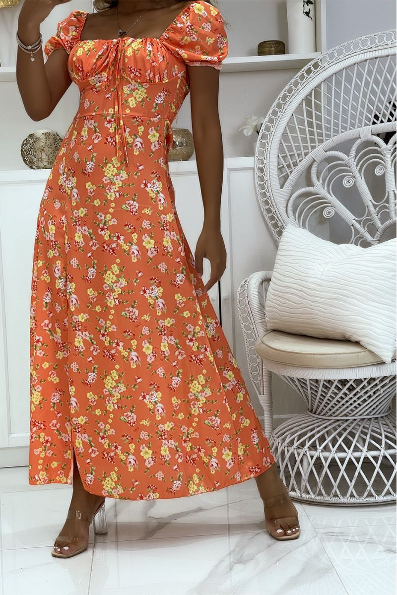Orange and yellow floral satin dress with bardot neck and side slit - 3