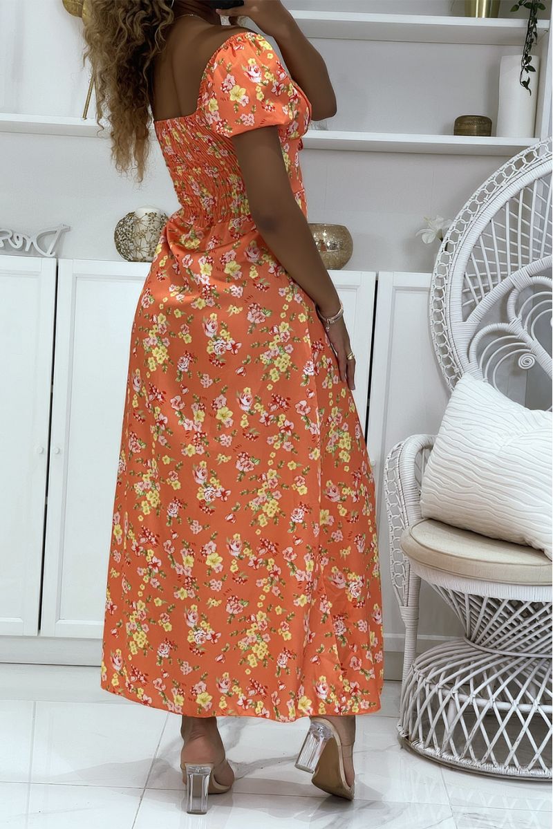 Orange and yellow floral satin dress with bardot neck and side slit - 4