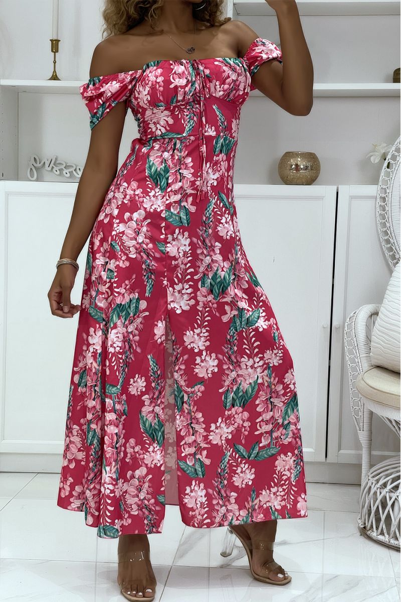 Fuchsia floral satin dress with bardot collar and side slit - 2