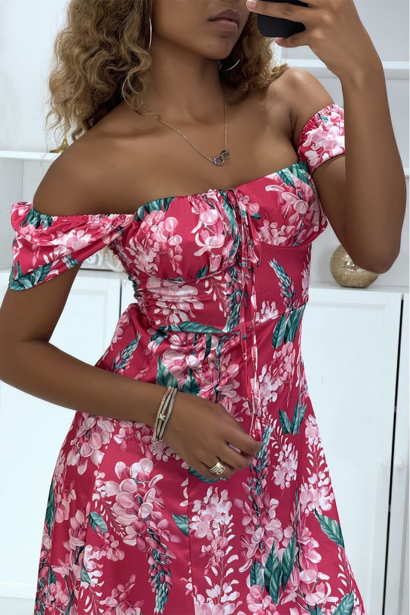 Fuchsia floral satin dress with bardot collar and side slit - 3