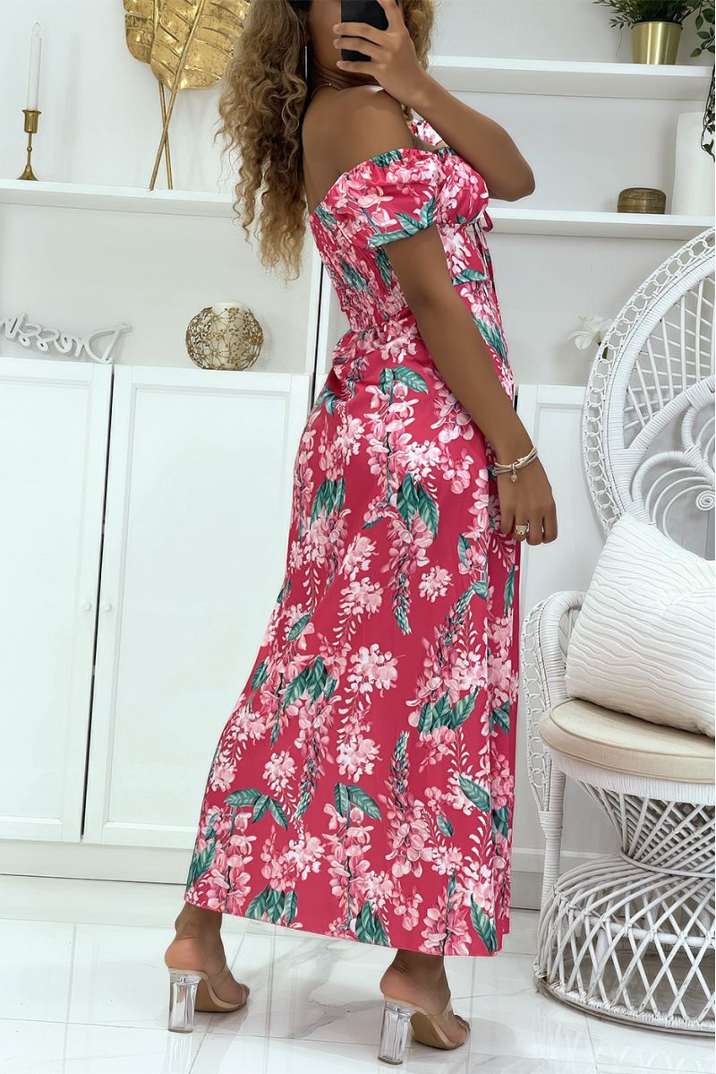 Fuchsia floral satin dress with bardot collar and side slit - 4