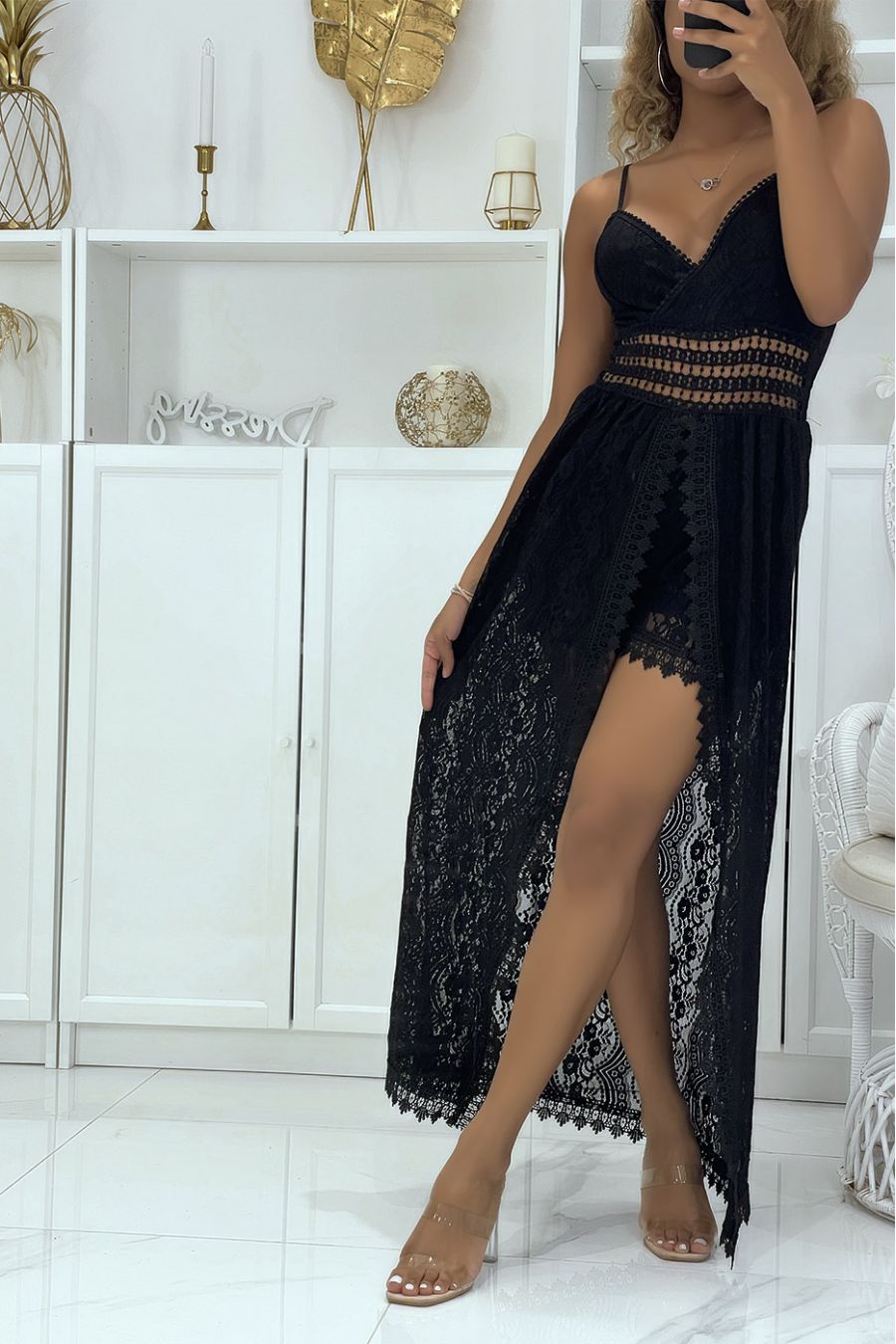 Long black lace playsuit with long skirt effect - 1