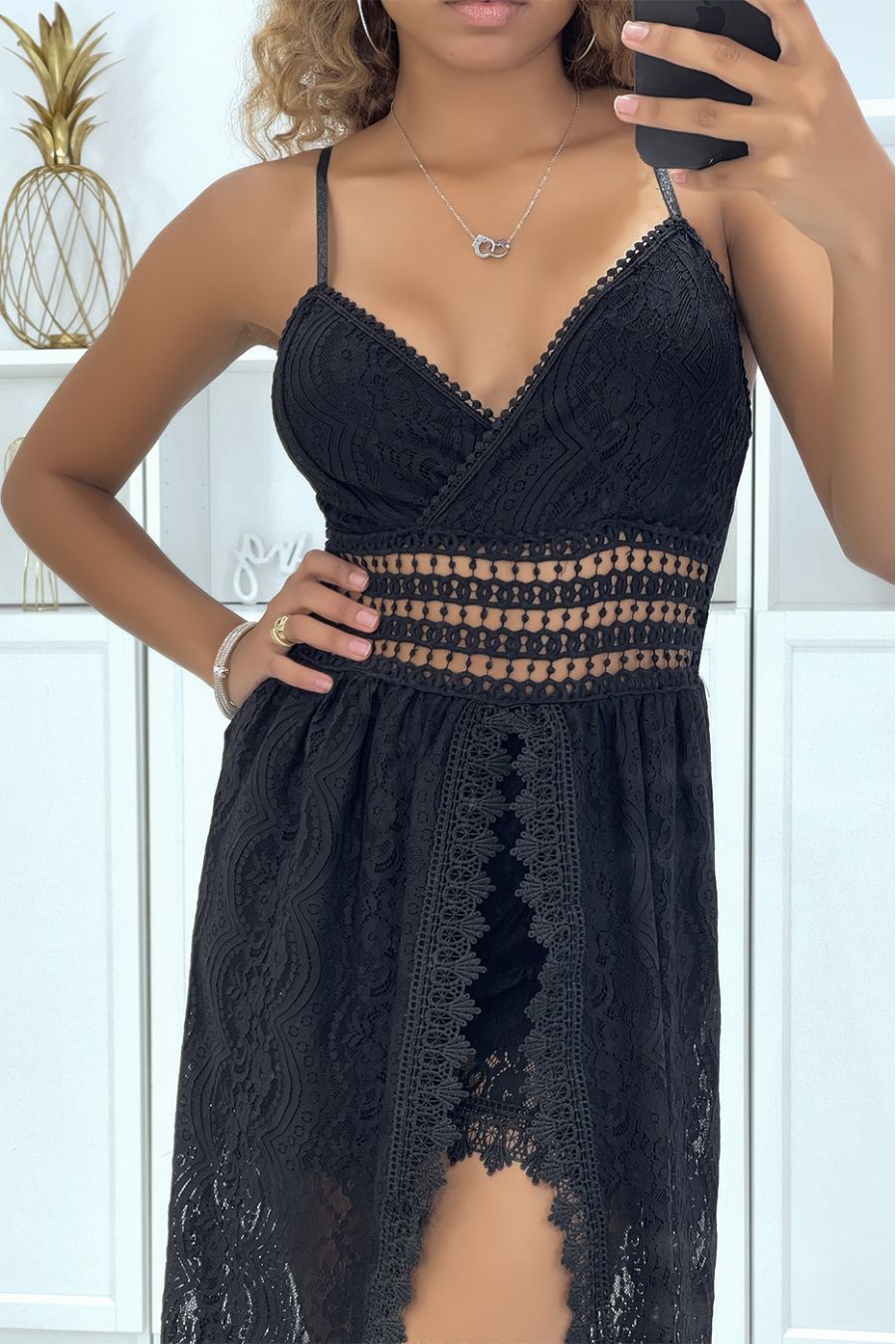 Lange zwarte kanten playsuit met lang rokeffect - 3