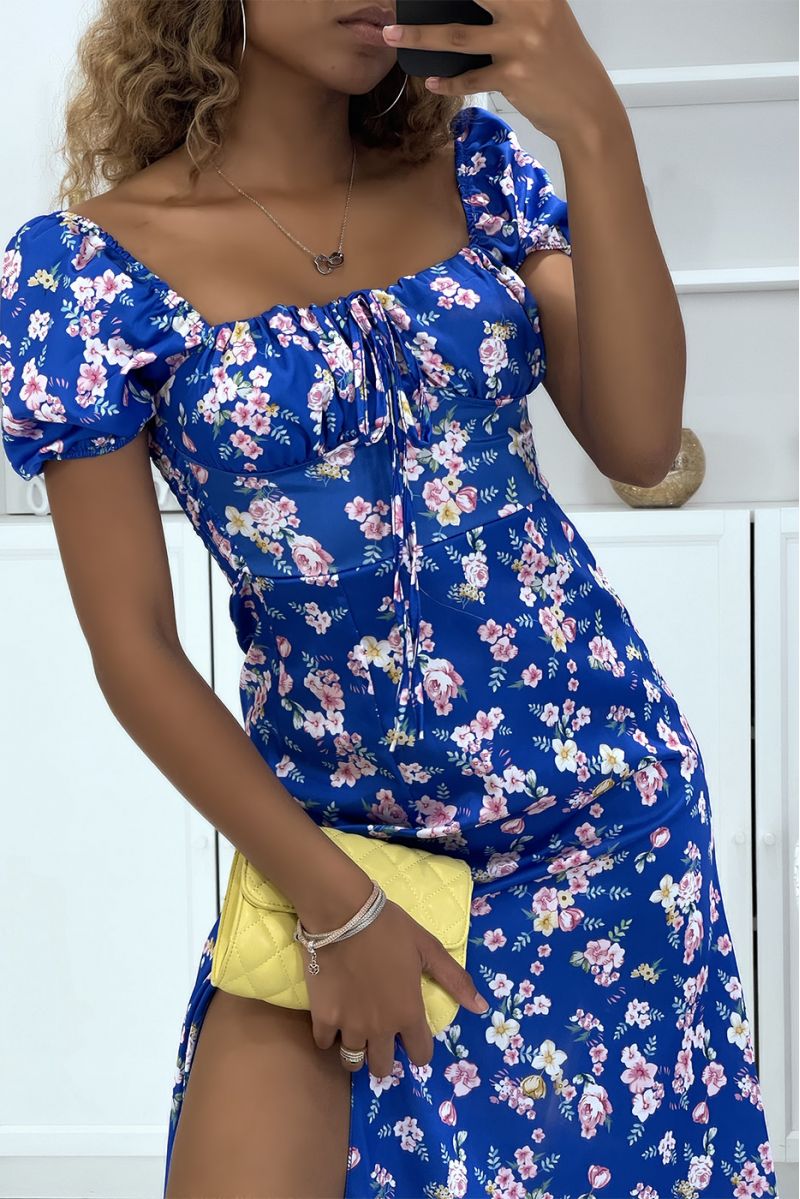 Robe royale satinée motif floral à col bardot et fente sur un côté - 2