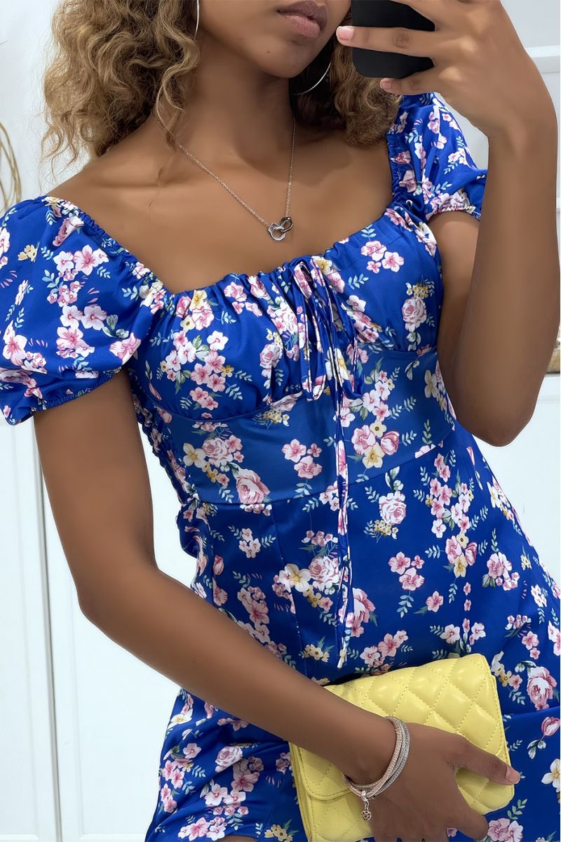 Robe royale satinée motif floral à col bardot et fente sur un côté - 3