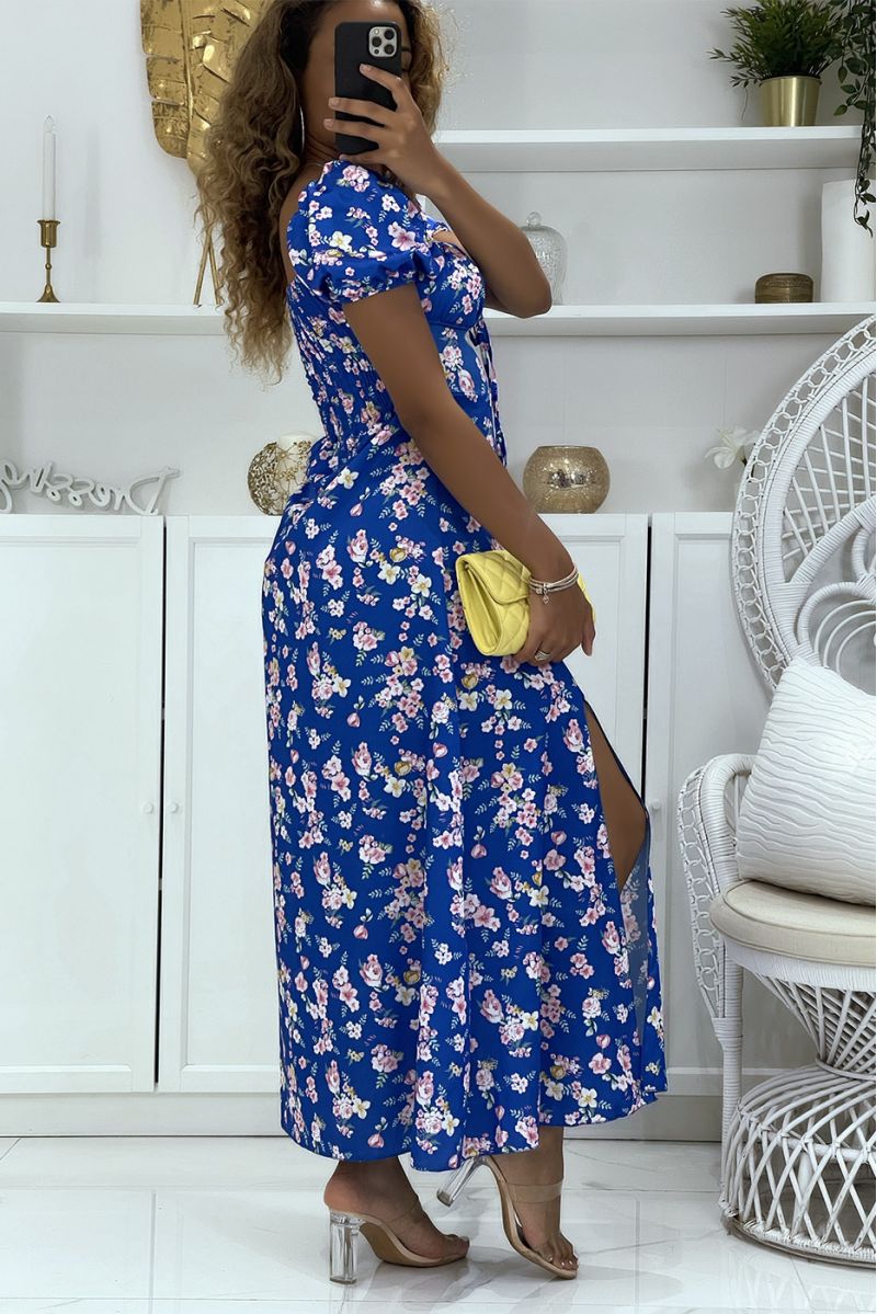 Robe royale satinée motif floral à col bardot et fente sur un côté - 4