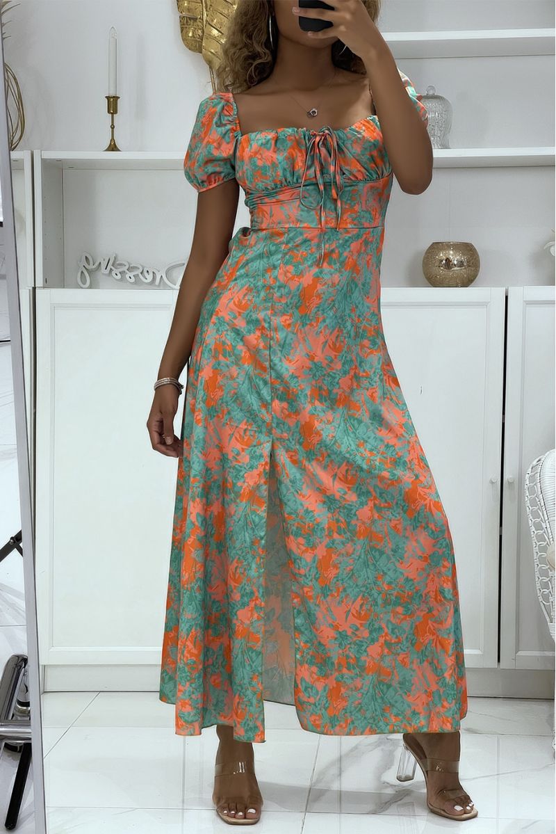 Green and orange floral satin dress with bardot neck and side slit - 2