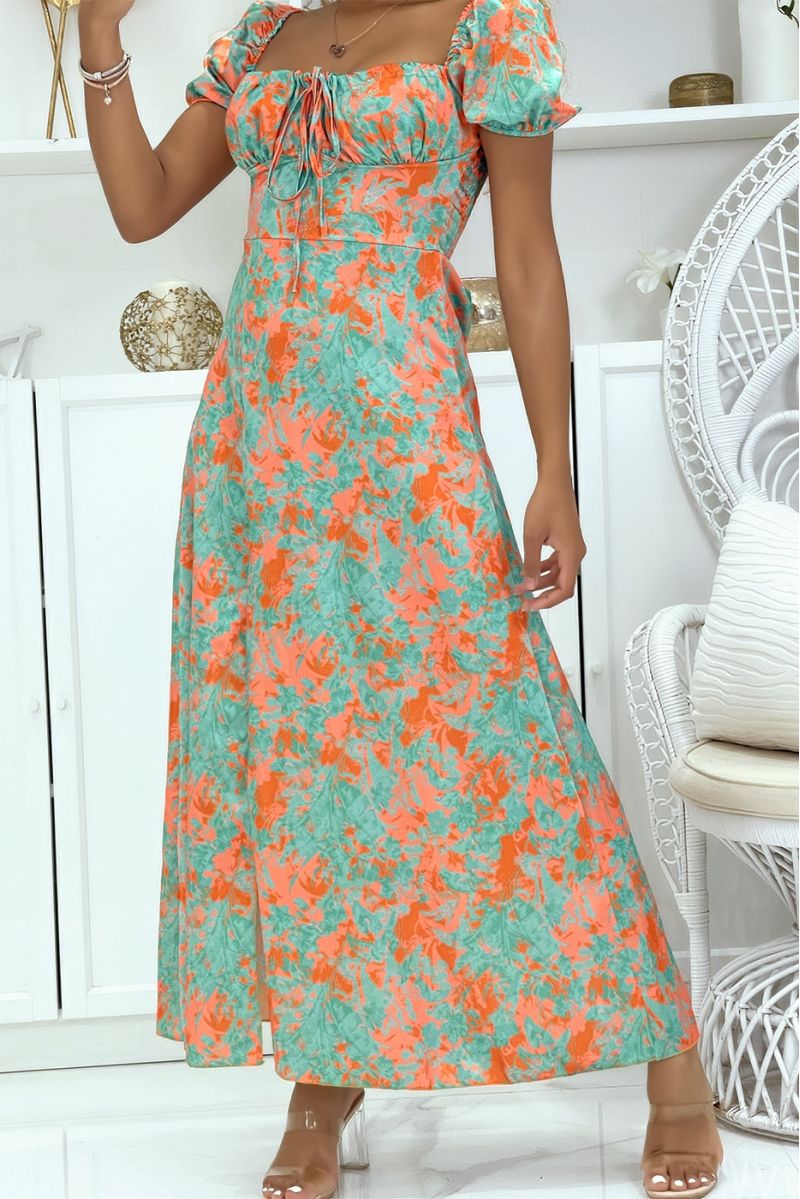 Green and orange floral satin dress with bardot neck and side slit - 4