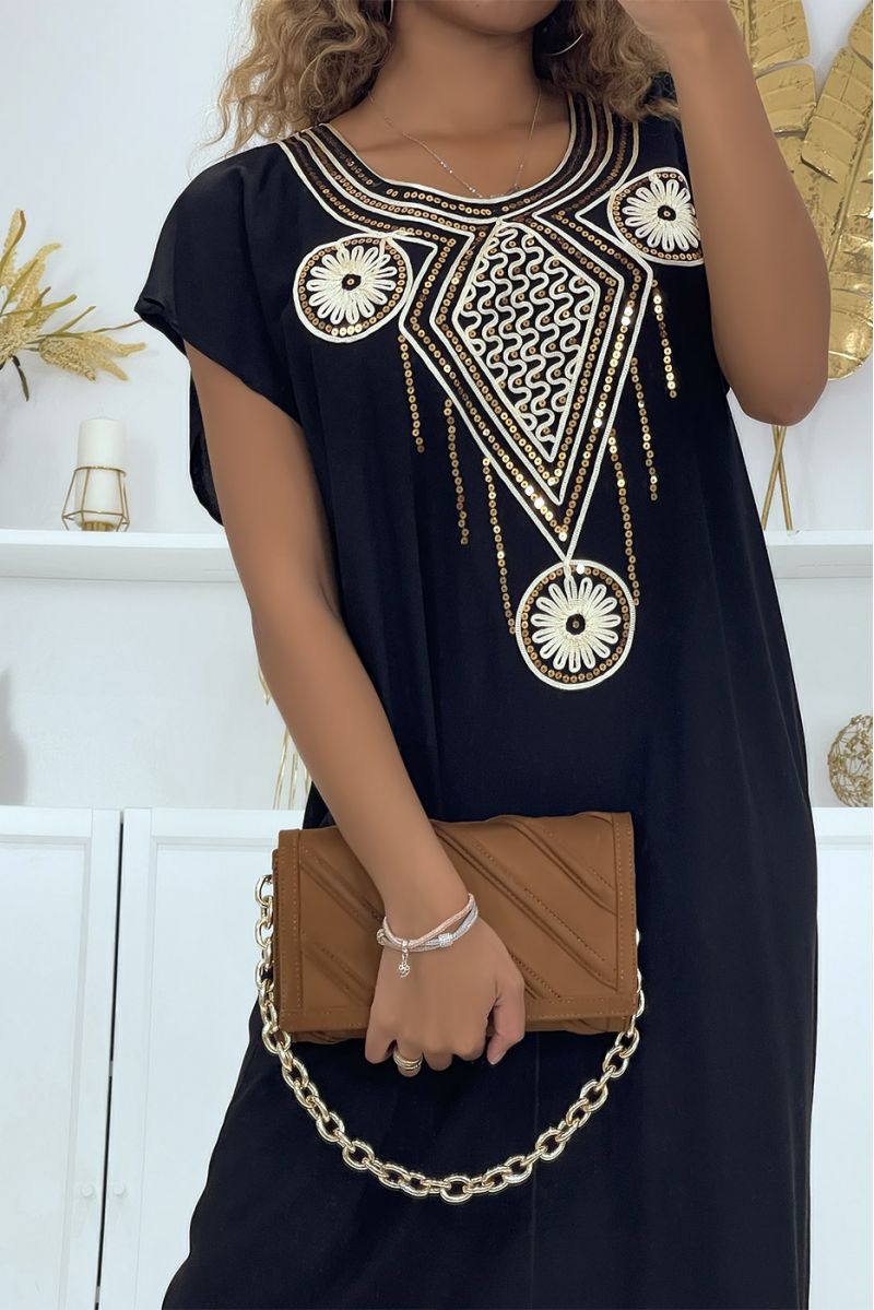 Black silver djellaba dress very comfortable to wear with pretty embroidered pattern on the collar adorned with rhinestones - 2