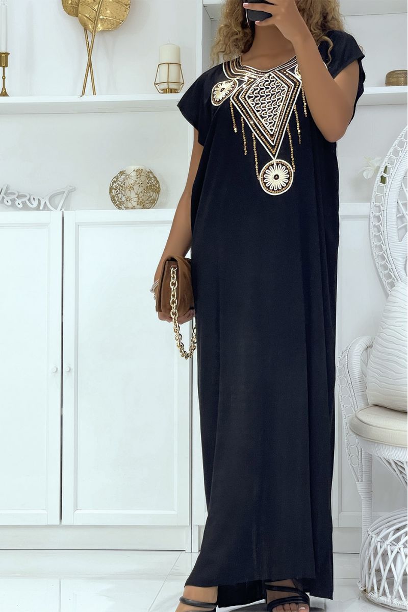 Black silver djellaba dress very comfortable to wear with pretty embroidered pattern on the collar adorned with rhinestones - 3