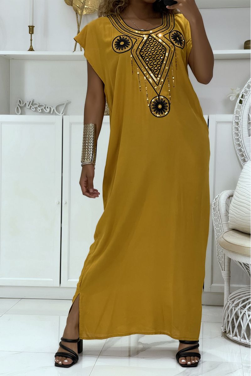 Mustard djellaba dress very comfortable to wear with pretty embroidered pattern on the collar decorated with rhinestones - 2