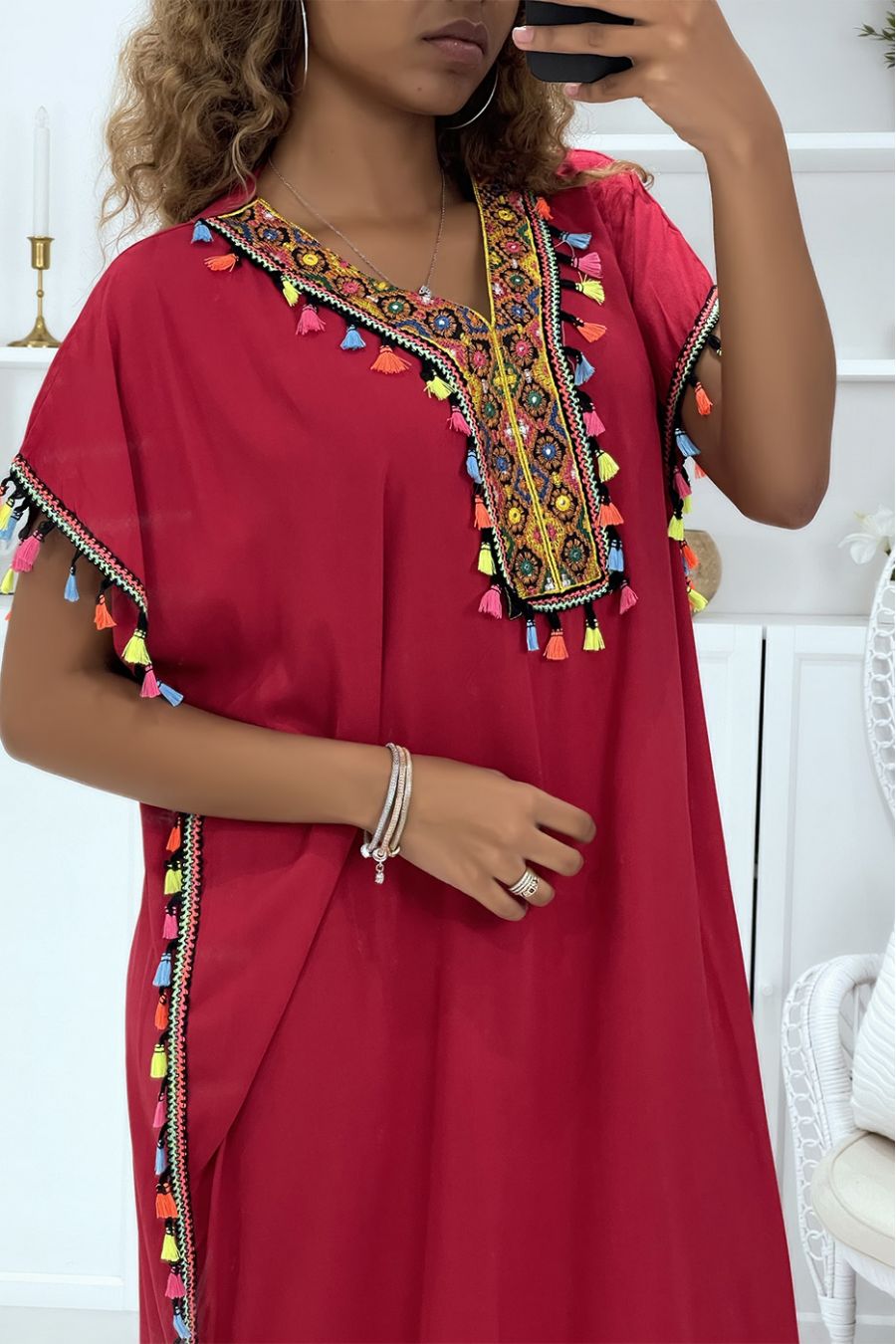 Burgundy djellaba dress very comfortable to wear with pretty embroidery and pompoms - 3