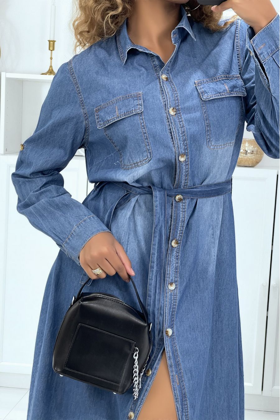 Robe chemise en jean bleu foncé avec ceinture - 13