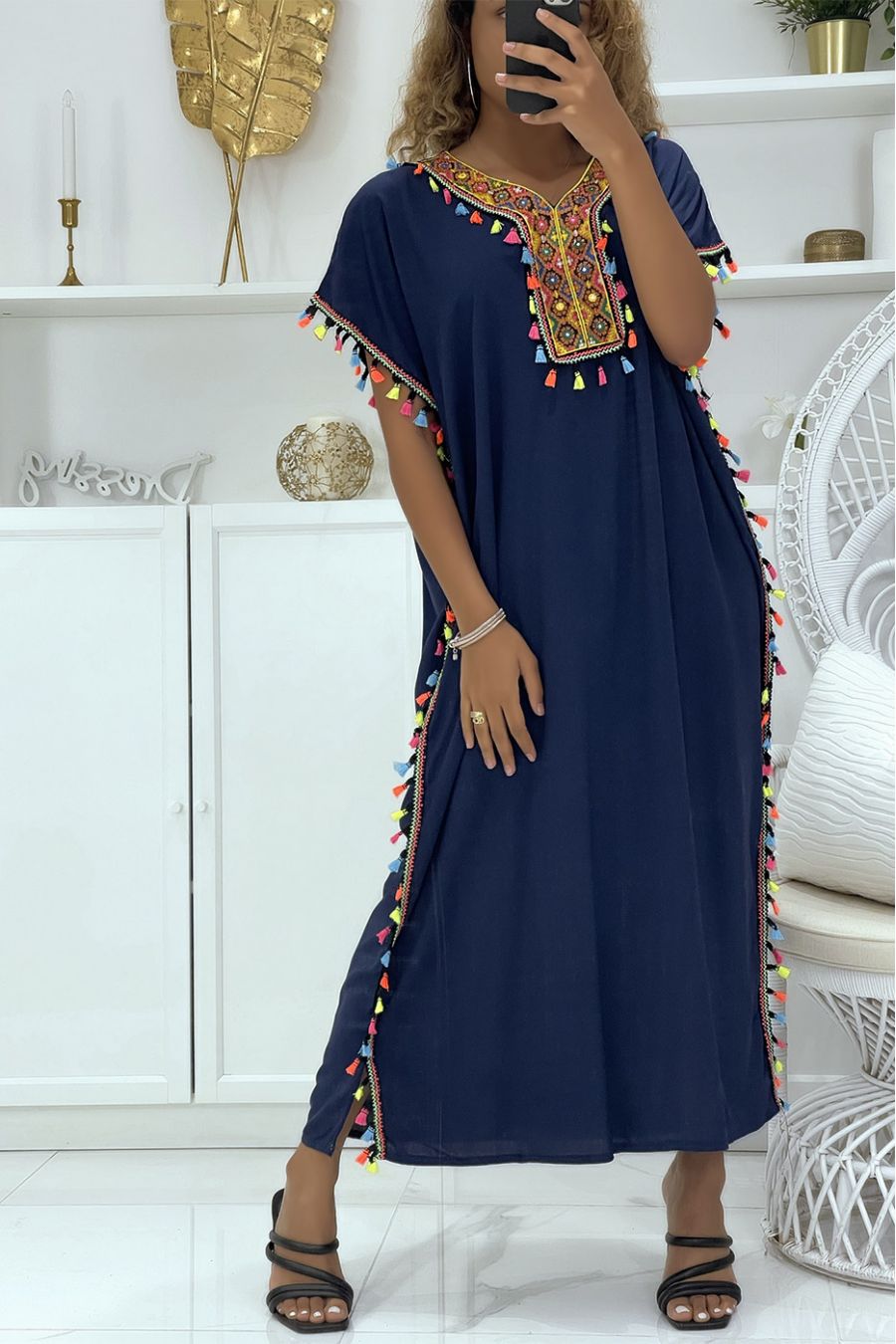 Navy djellaba dress very comfortable to wear with pretty embroidery and pompoms - 1