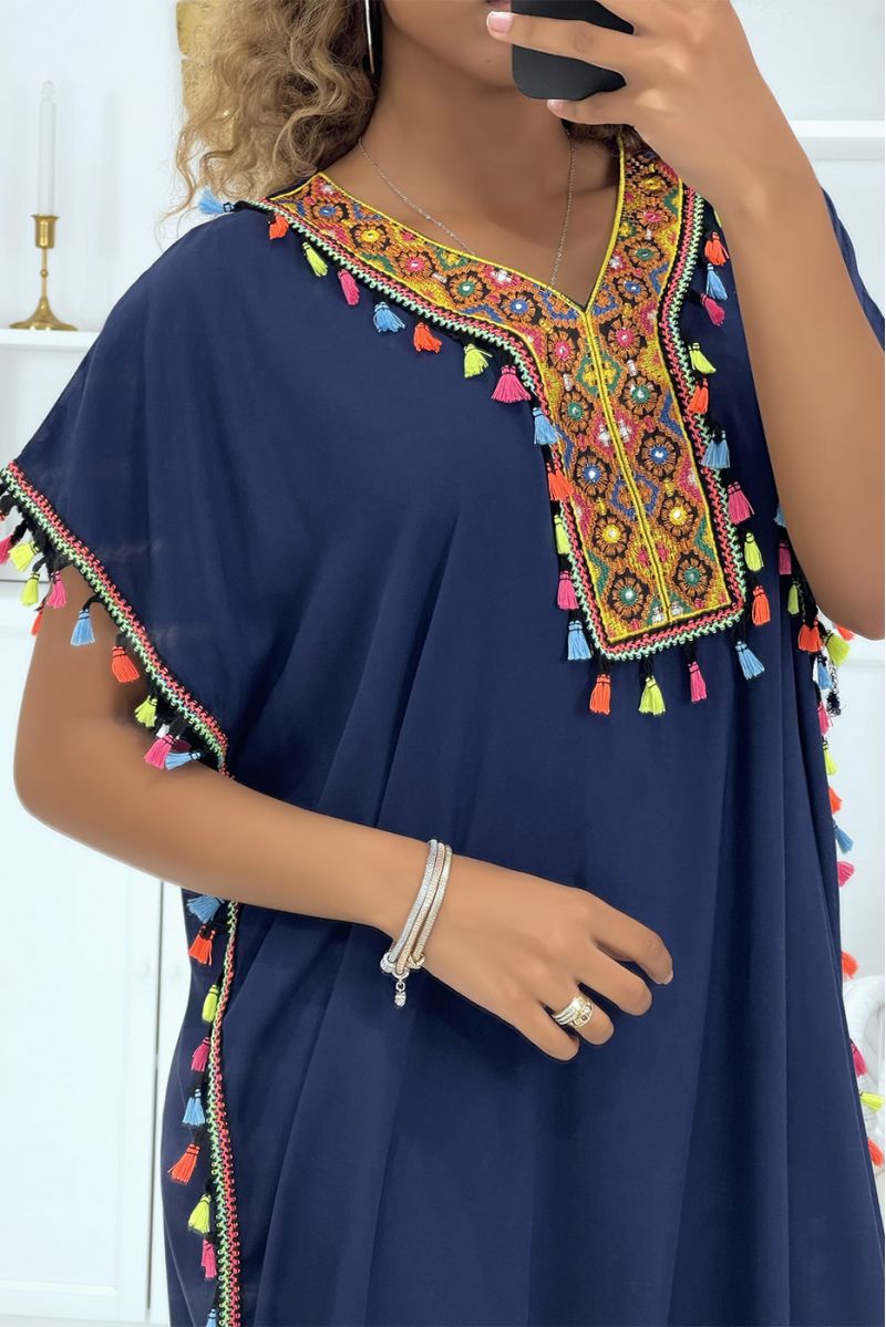 Navy djellaba dress very comfortable to wear with pretty embroidery and pompoms