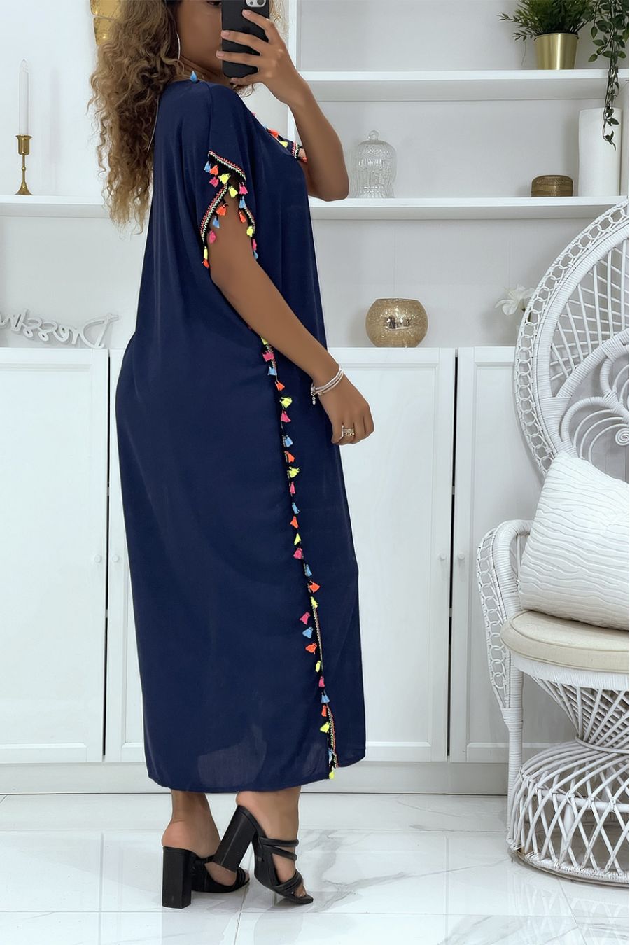 Navy djellaba dress very comfortable to wear with pretty embroidery and pompoms - 3