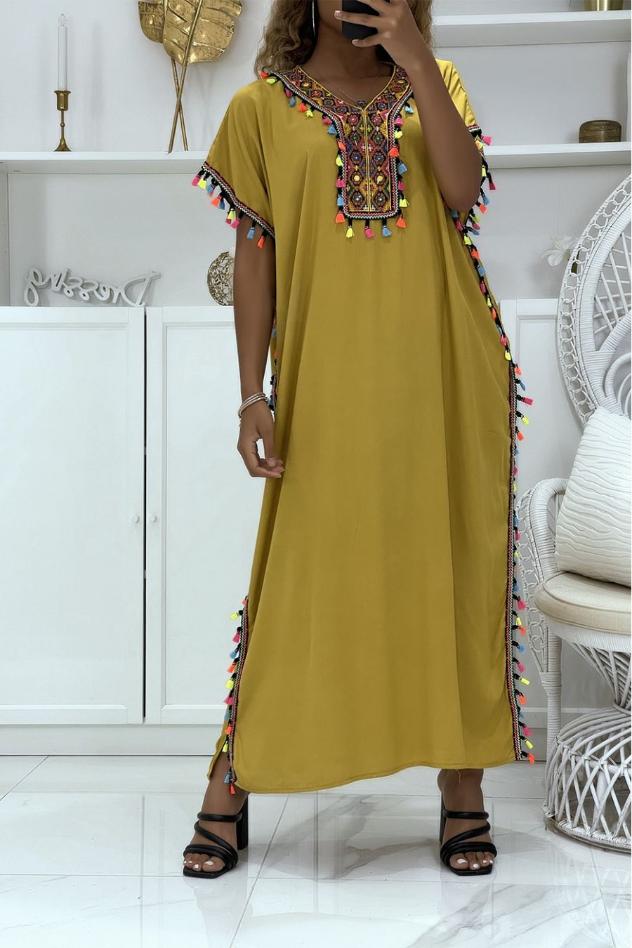 Mustard djellaba dress very comfortable to wear with pretty embroidery and pompoms - 1
