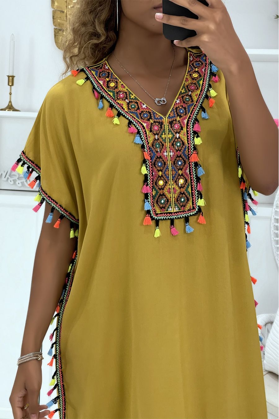 Mustard djellaba dress very comfortable to wear with pretty embroidery and pompoms - 3