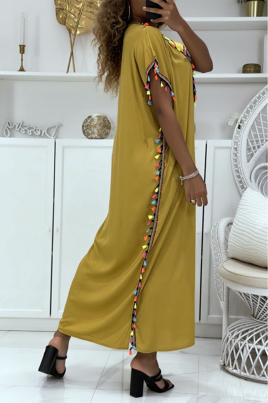 Mustard djellaba dress very comfortable to wear with pretty embroidery and pompoms - 4