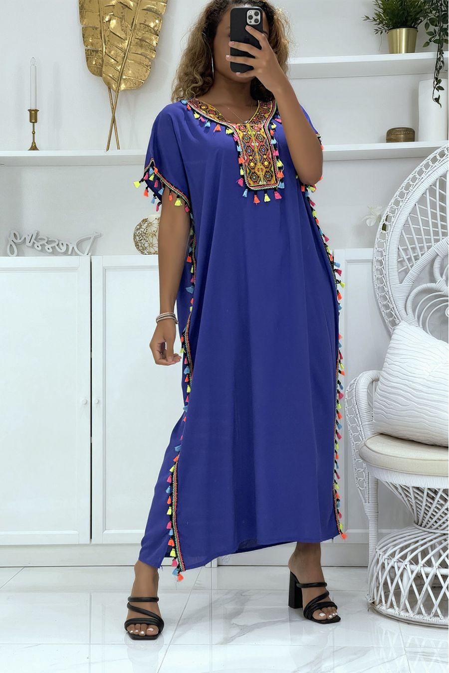 Purple djellaba dress very comfortable to wear with pretty embroidery and pompoms - 1