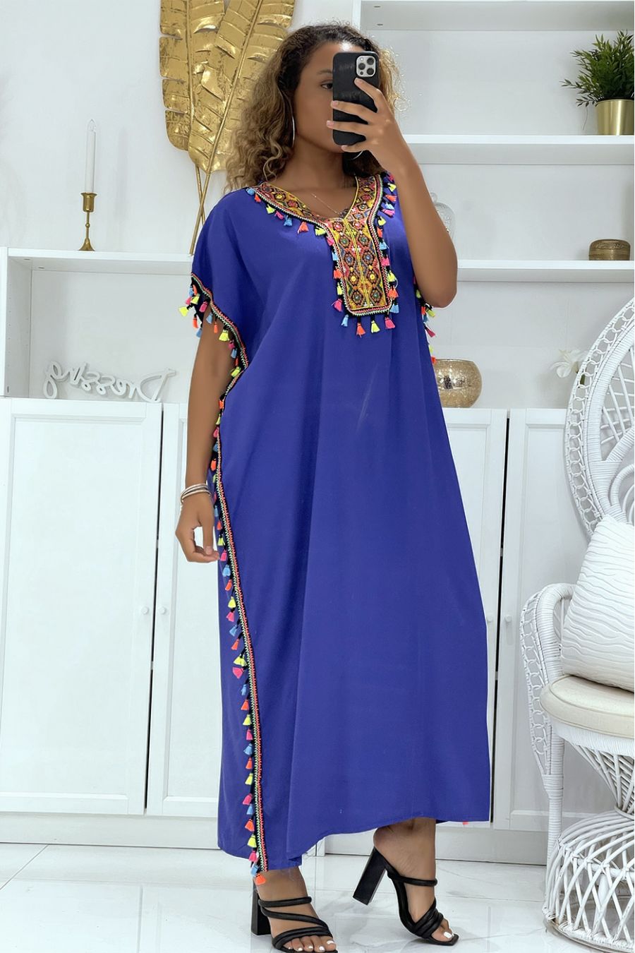 Purple djellaba dress very comfortable to wear with pretty embroidery and pompoms - 2