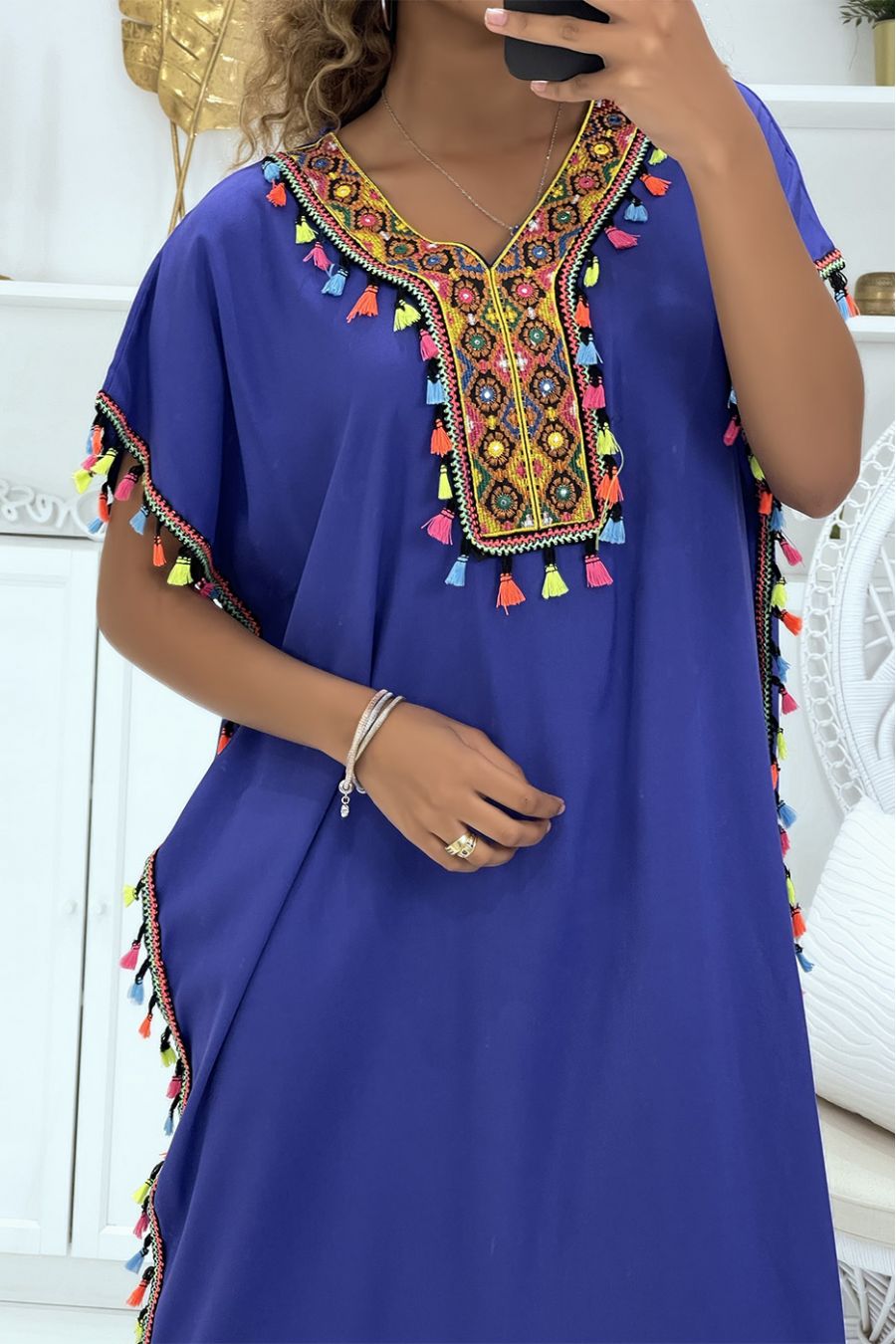 Purple djellaba dress very comfortable to wear with pretty embroidery and pompoms - 4