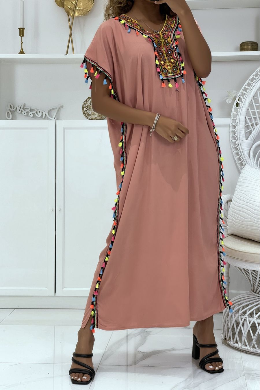 Pink djellaba dress very comfortable to wear with pretty embroidery and pompoms - 1