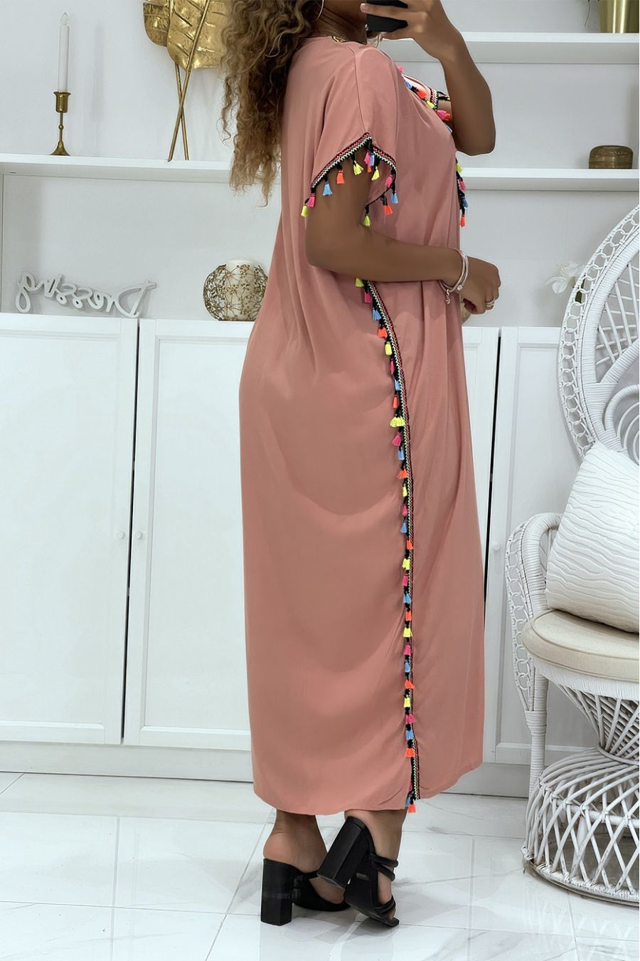 Pink djellaba dress very comfortable to wear with pretty embroidery and pompoms - 3
