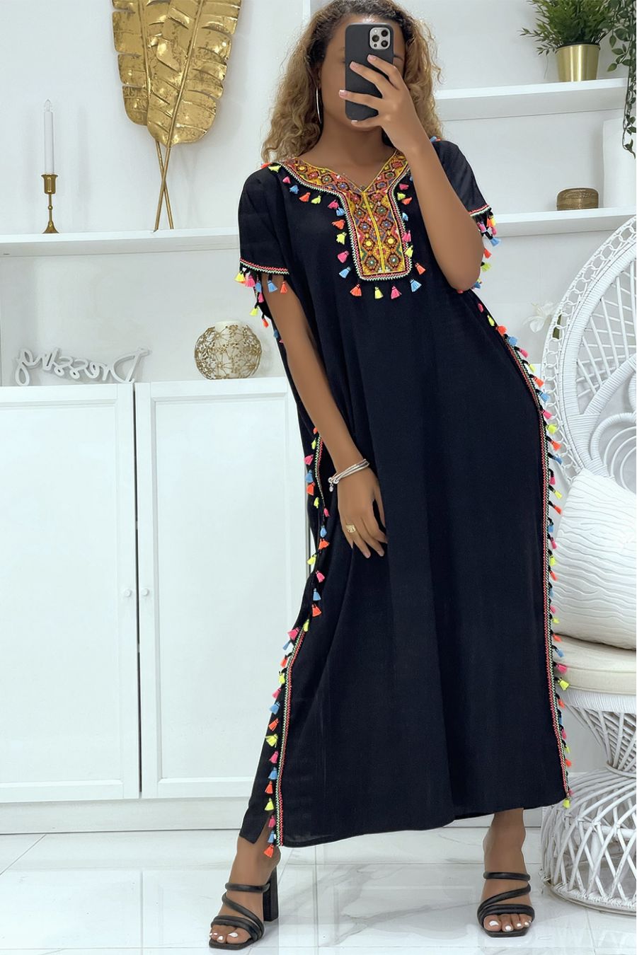 Black djellaba dress very comfortable to wear with pretty embroidery and pompoms - 1