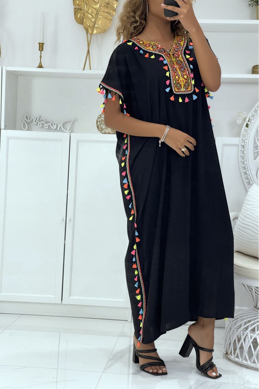 Black djellaba dress very comfortable to wear with pretty embroidery and pompoms - 2