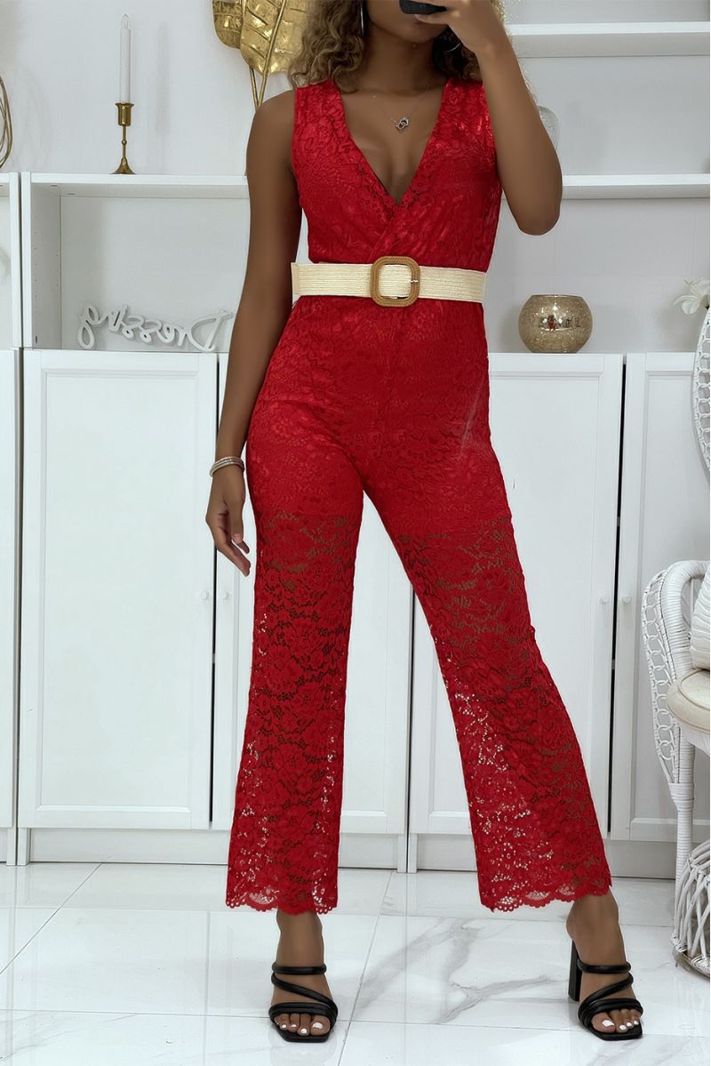 Red lined lace jumpsuit sold without the belt - 2