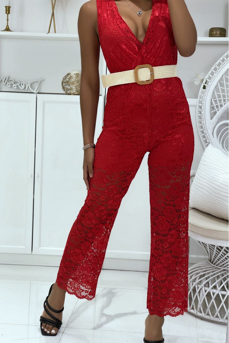Red lined lace jumpsuit sold without the belt - 3