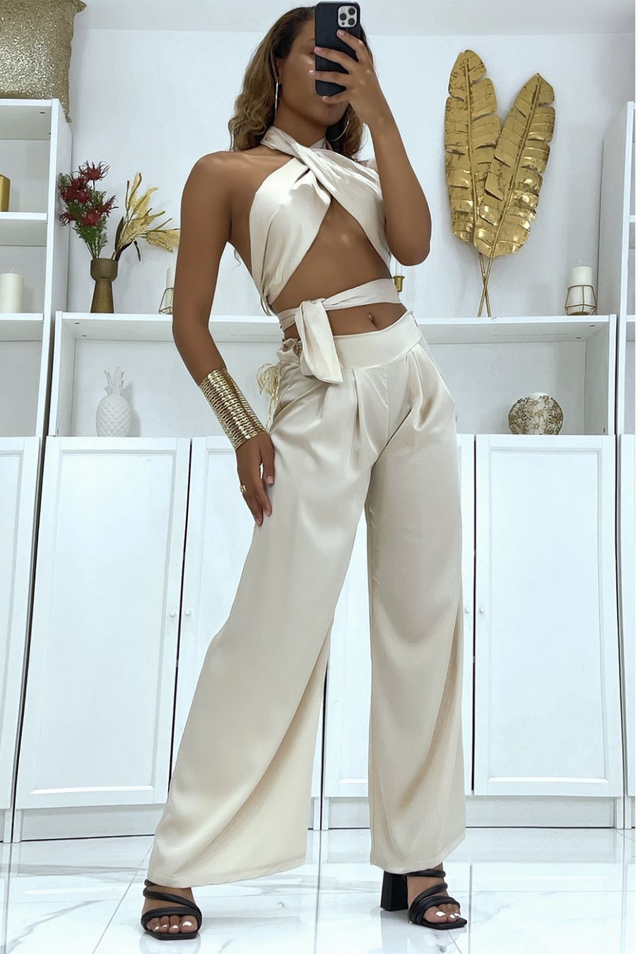 Ensemble bandeau et pantalon palazzo beige satiné  - 1
