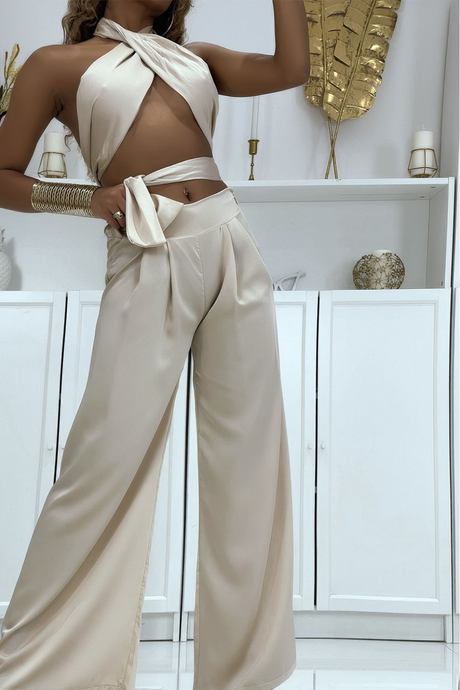 Ensemble bandeau et pantalon palazzo beige satiné  - 2