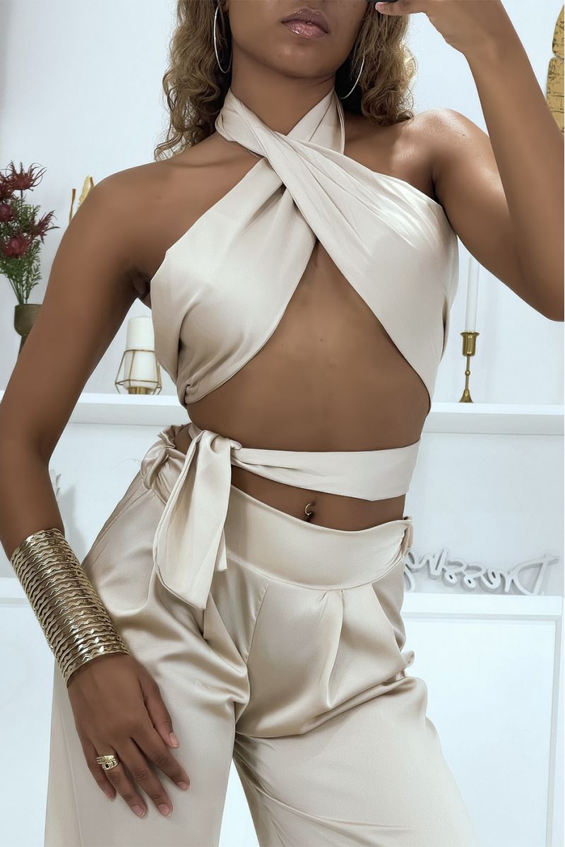 Ensemble bandeau et pantalon palazzo beige satiné  - 3