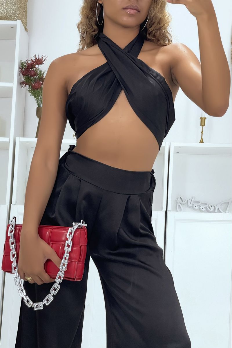 Satin black headband and palazzo pants set - 2