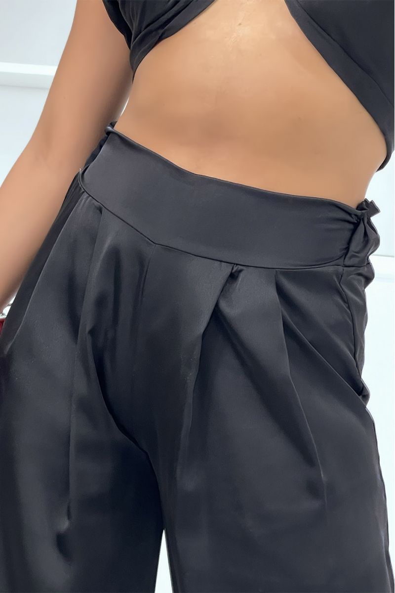 Ensemble bandeau et pantalon palazzo noir satiné  - 4
