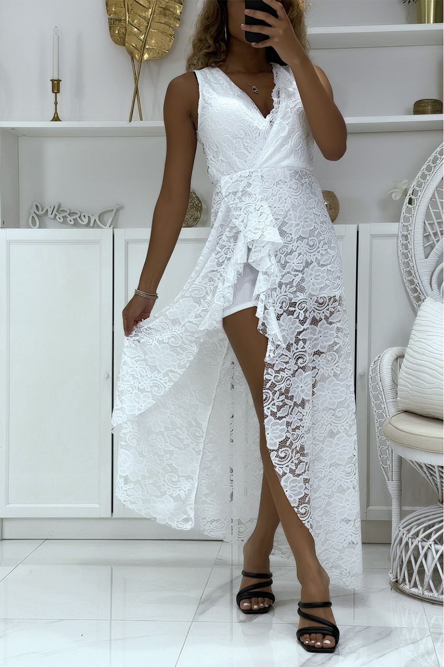 Asymmetrical white dress, adorned with lace and shorts lining underneath - 2