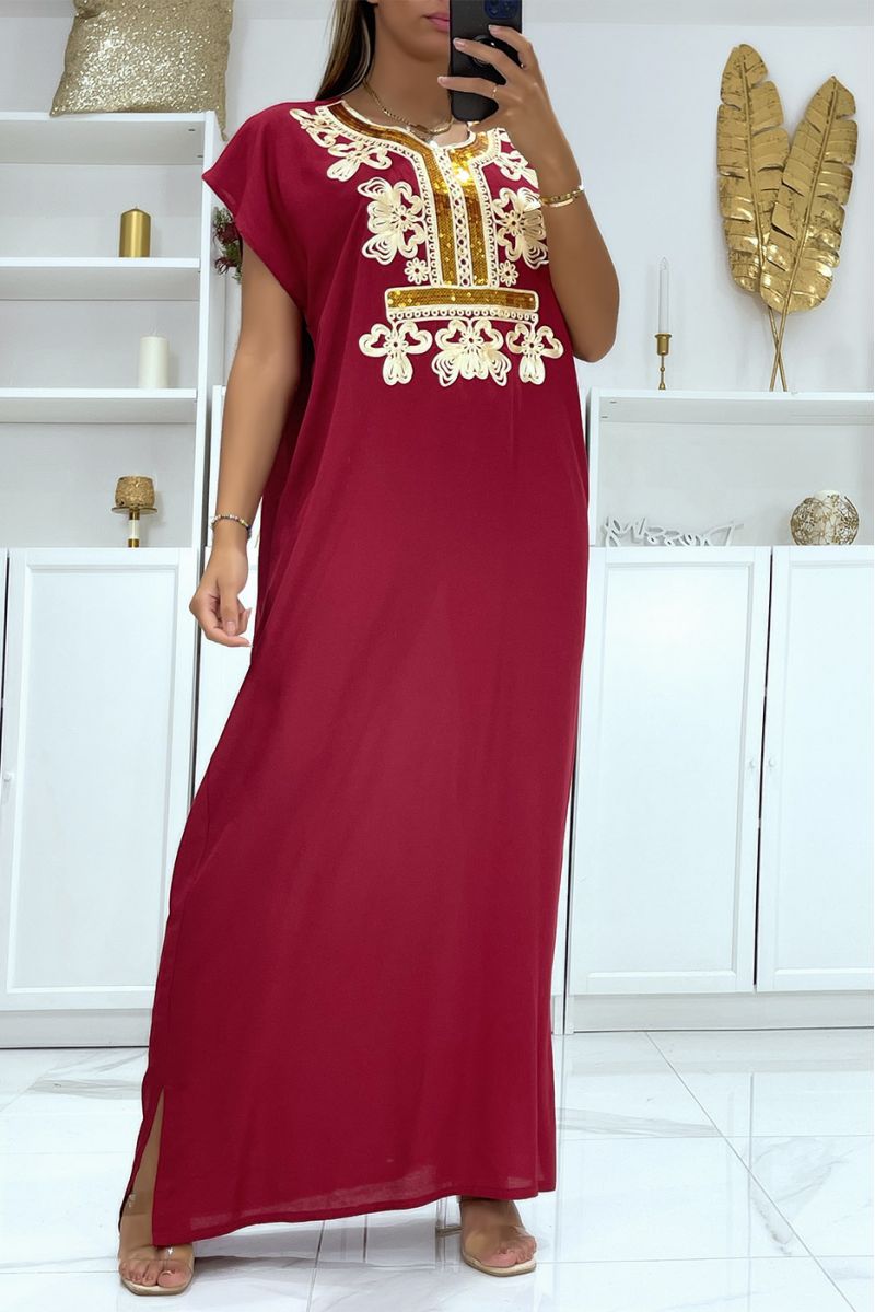 Burgundy djellaba dress very comfortable to wear with pretty embroidery and sequins - 1