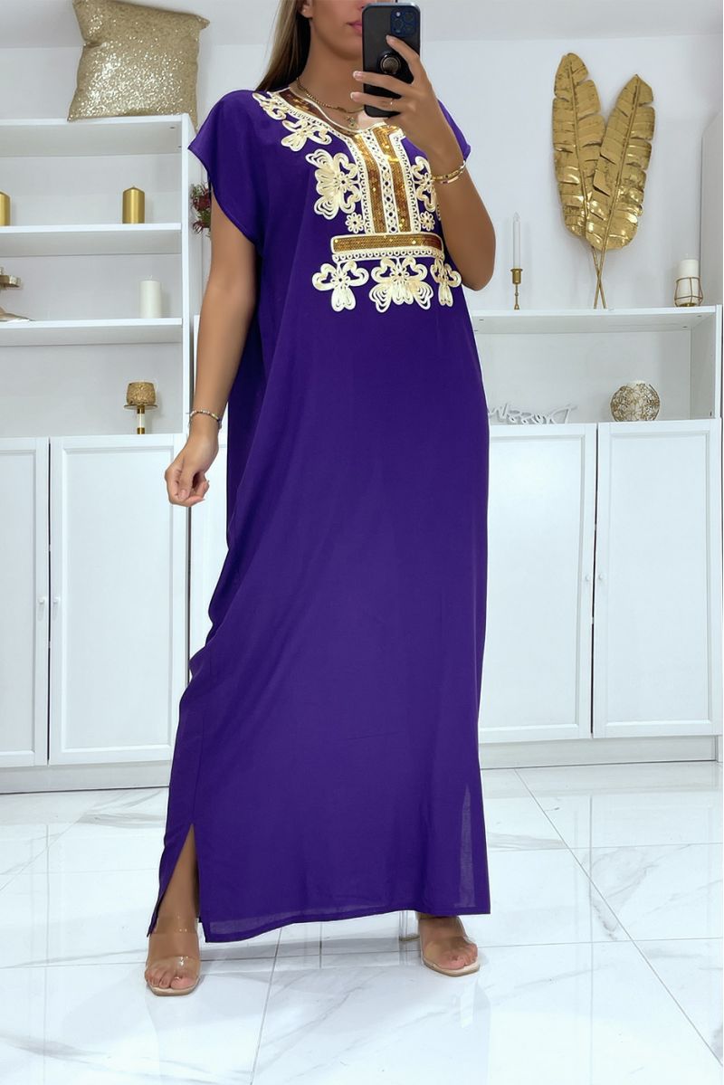 Purple djellaba dress very comfortable to wear with pretty embroidery and sequins - 1